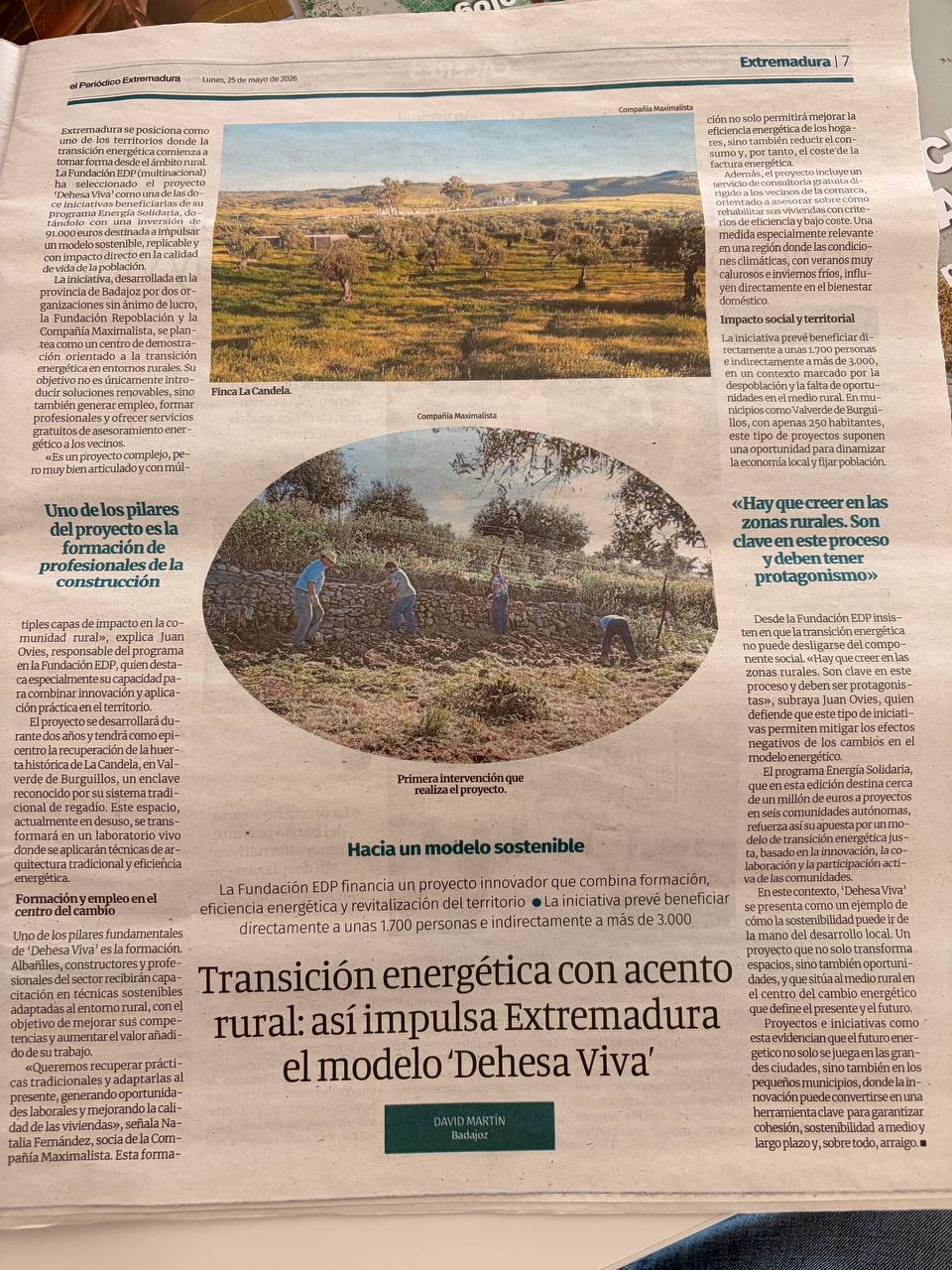 Nuestro proyecto «Dehesa Viva» mereció anteayer un reportaje de «El Periódico de Extremadura».
